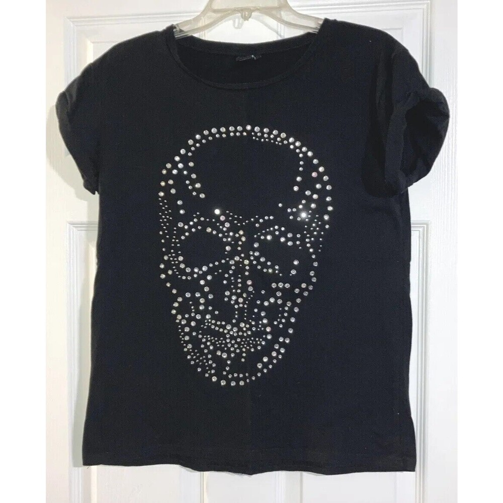 80s Black 3D Rhinestone Skull Graphic T-Shirt Stretch Short Cuffed Sleeves L Tee